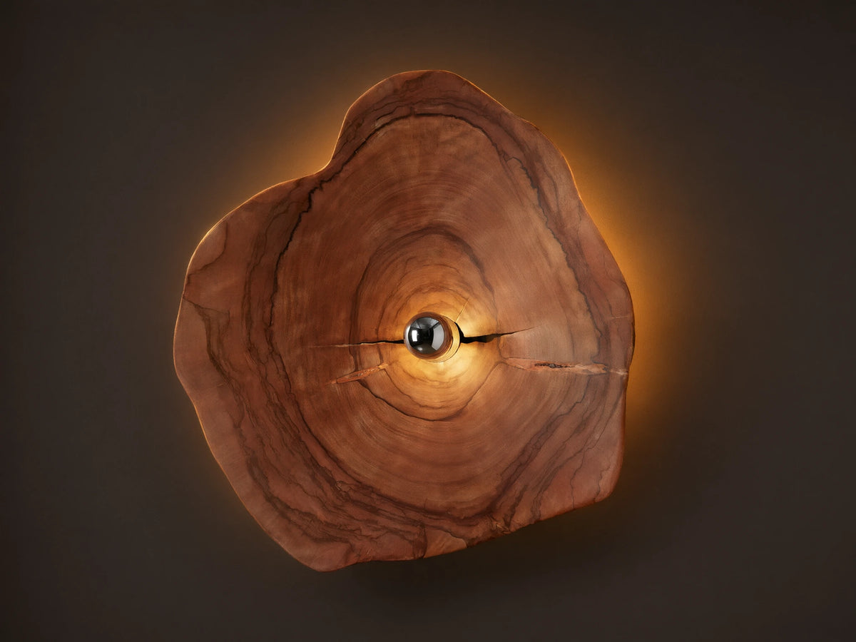 Arruga Sconce: Irregular natural wood slice with visible grain and cracks, light bulb glowing warmly in the center, mounted on a neutral wall.
