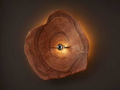Arruga Sconce: Irregular natural wood slice with visible grain and cracks, light bulb glowing warmly in the center, mounted on a neutral wall.
