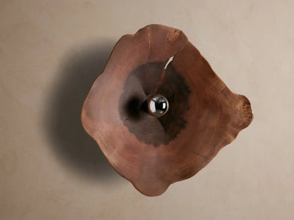 Arruga Sconce: Organic milpa wood sconce, dark brown with natural cracks, featuring a metallic silver bulb glowing golden on a taupe wall.