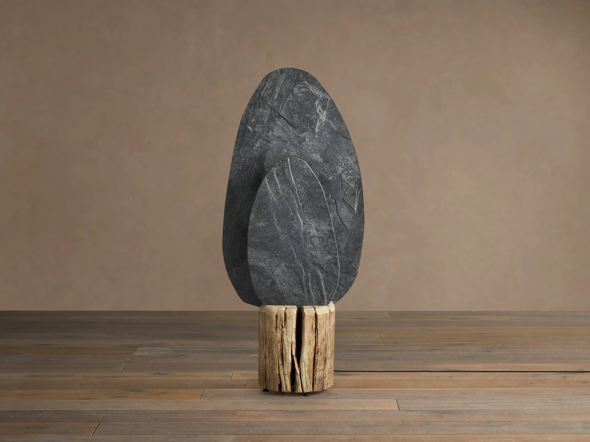 Shinto Floor Lamp: Tall, dark gray slate stone with golden veins & smaller nested stone, on a textured light brown wood base.