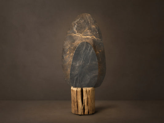 Shinto Floor Lamp: Tall, dark gray slate stone with golden veins & smaller nested stone, on a textured light brown wood base.