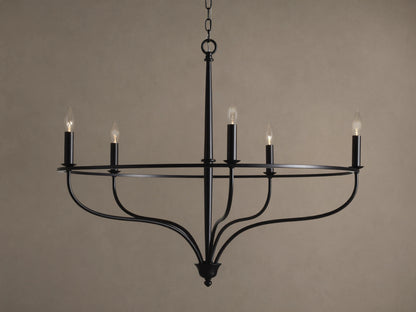 Rosalind Chandelier, matte black, with five lit candelabra bulbs on a circular frame, suspended by a chain.