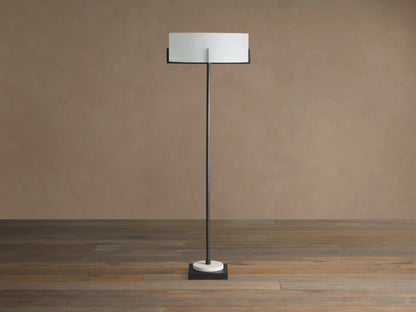 Frederic Floor Lamp: slender, dark bronze pole, white linen shade, cream marble on black square base.