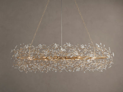 Fiore Oval Chandelier: gold-toned, oval iron frame adorned with myriad sparkling clear crystal leaves, hanging.