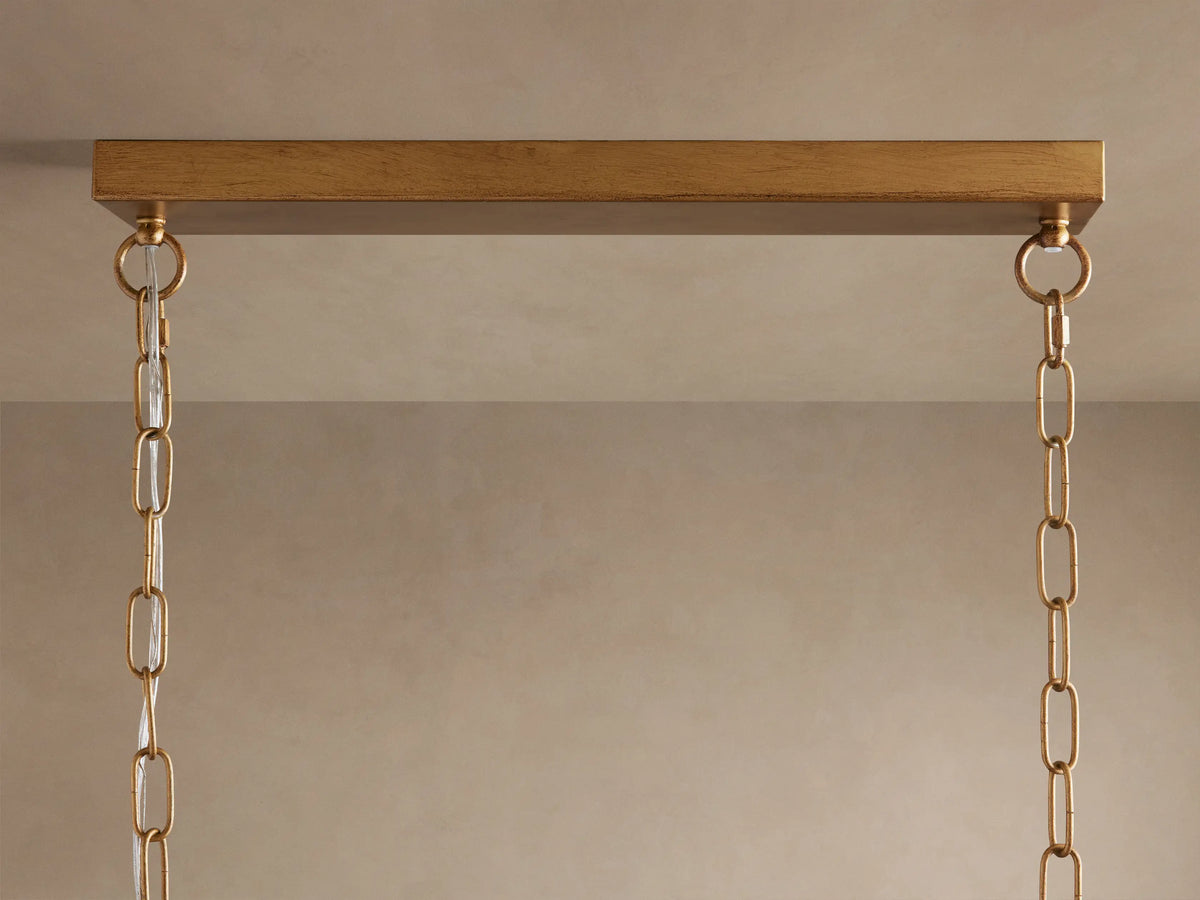 Close-up of Lunaria Linear Chandelier, delicate white pods on textured gold branches against a dark background.