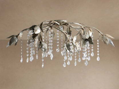 Viticcio Flush Mount with artistic silver-finished iron branches and leaves, illuminating bulbs, and sparkling crystal strands.