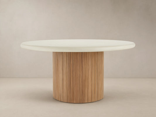 Alesso Outdoor Round Dining Table, cream concrete composite top, light brown fluted reclaimed teak wood cylindrical base.