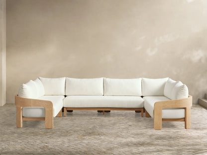Front view of the U-shaped Anami Outdoor Three-Piece Sectional with light teak frame and white cushions.