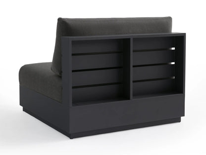 Overhead Bal Harbour Outdoor Armless Chair, dark gray fabric seat & back cushions, dark gray aluminum frame, on beige.