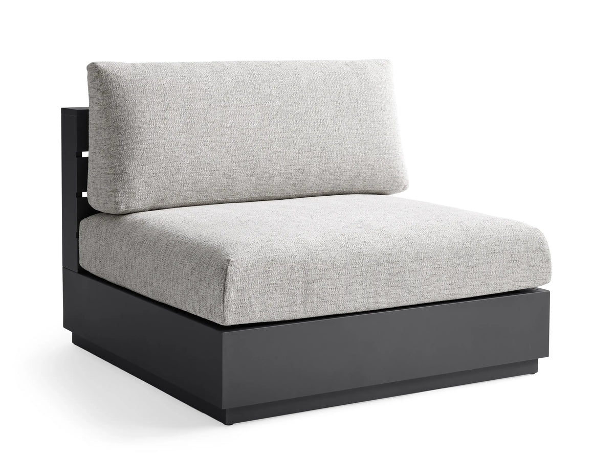 Front view of Bal Harbour Outdoor Aluminum Armless Chair. Light grey textured cushions on a rectangular dark grey aluminum base.