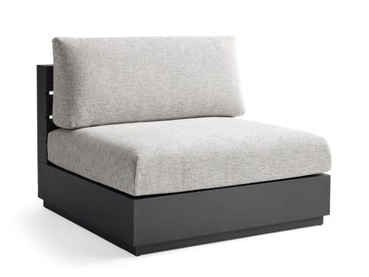 Front view of Bal Harbour Outdoor Aluminum Armless Chair. Light grey textured cushions on a rectangular dark grey aluminum base.