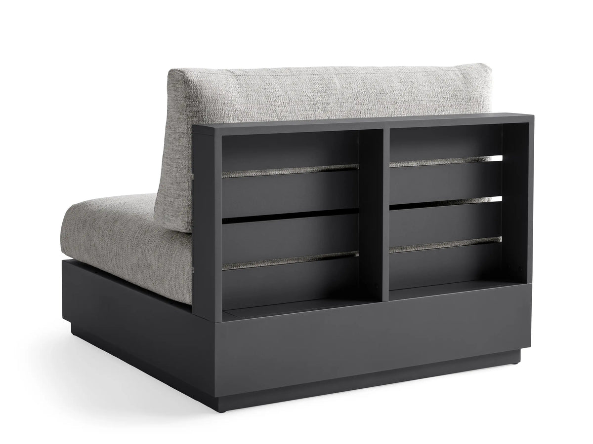 Bal Harbour Outdoor Aluminum Armless Chair, dark gray frame, light gray textured seat & back cushions, front-left view.