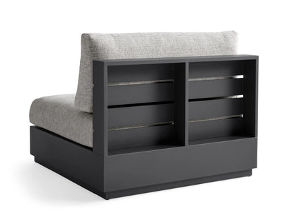 Bal Harbour Outdoor Aluminum Armless Chair, dark gray frame, light gray textured seat & back cushions, front-left view.