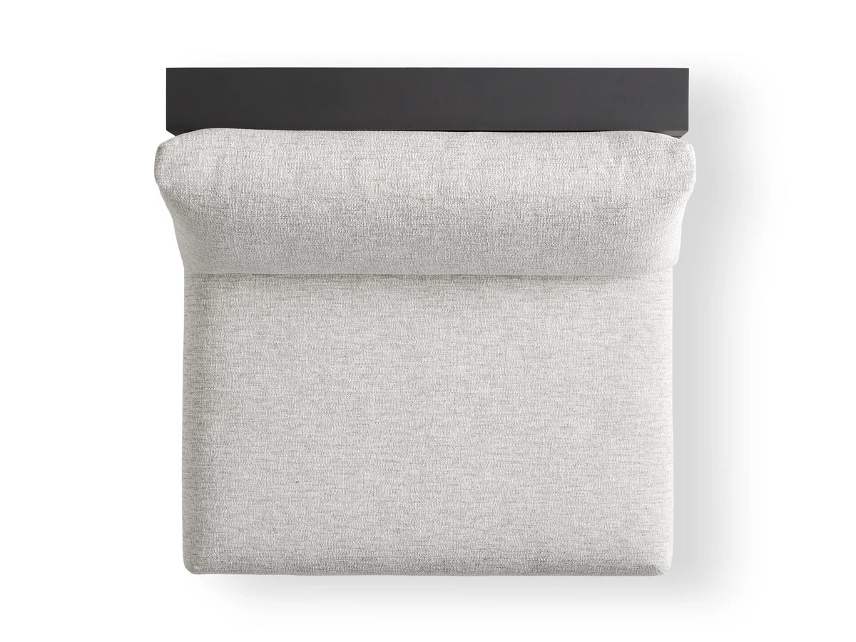 Close-up Bal Harbour Outdoor Armless Chair. Light gray cushions & dark gray slatted aluminum frame from back-right angle.