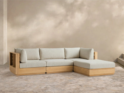 Bal Harbour Outdoor Teak Four-Piece Sectional, L-shaped, with natural teak frame & Eden Oyster cushions on tiled floor.