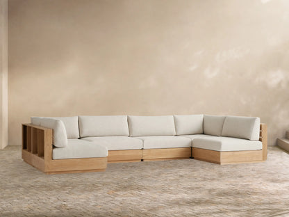 Bal Harbour Outdoor Teak Six-Piece Sectional, U-shaped, with natural teak frame & light cushions, on a paved patio.