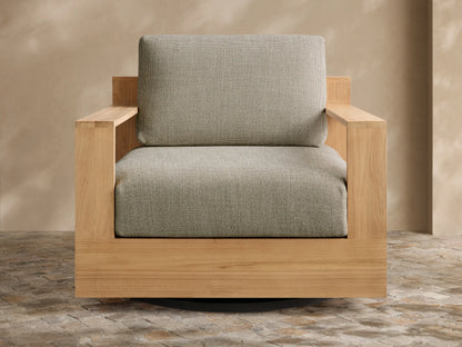 Front view of Bal Harbour Outdoor Teak Swivel Chair with natural teak frame and light gray textured InsideOut Performance Fabrics¬Æ cushions.
