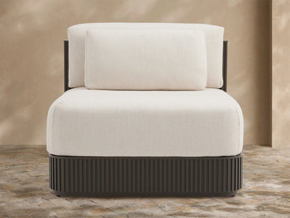 Beaumont Outdoor Aluminum Lounge Chair with dark slatted aluminum base and light cream performance fabric cushions.