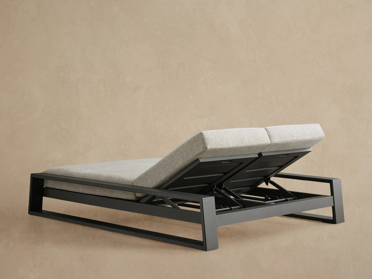 Canyon Outdoor Aluminum Double Chaise, close-up of the adjustable backrest with light gray cushion & dark gray frame.
