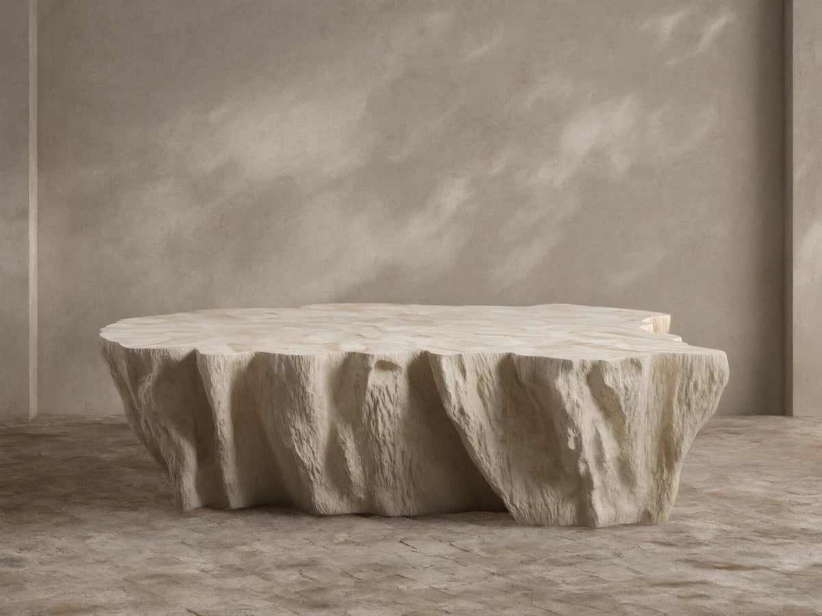 Clayhill Outdoor Coffee Table, light beige, with a rugged, tree-trunk-like fiberglass base and irregular, textured tabletop.