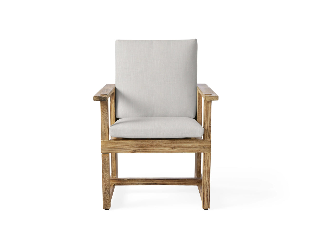 Emmons Outdoor Water-Repellent Replacement Cushions: Light gray seat and back cushions on a natural wood chair, front view.