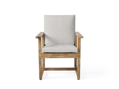 Emmons Outdoor Water-Repellent Replacement Cushions: Light gray seat and back cushions on a natural wood chair, front view.