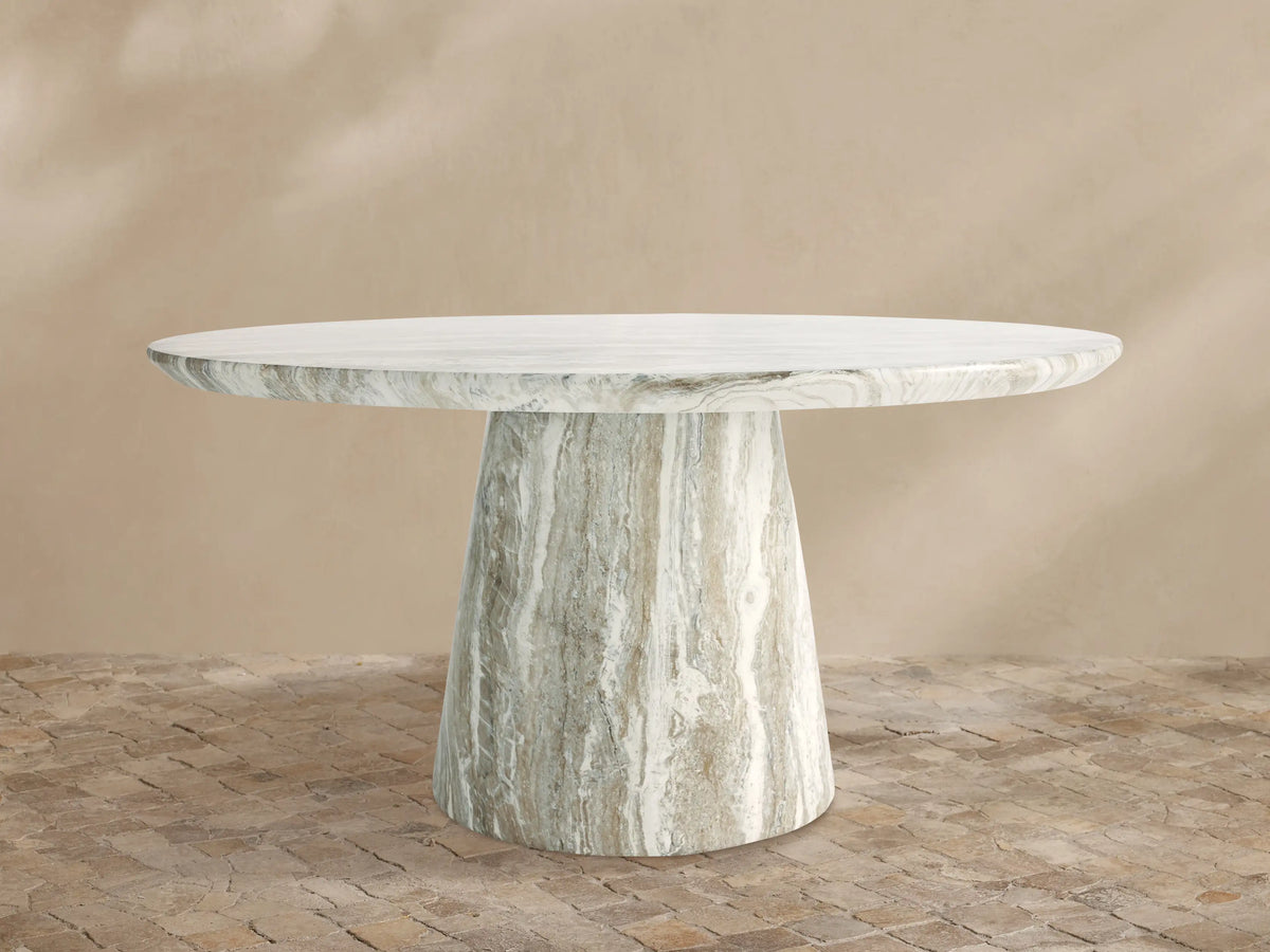Edgewater Outdoor Dining Table with jade faux marble top and conical base, featuring grey veining and polished finish.