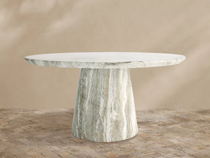 Edgewater Outdoor Dining Table with jade faux marble top and conical base, featuring grey veining and polished finish.