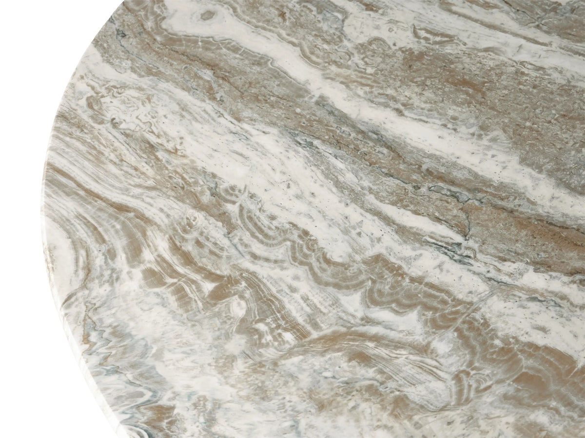Round dining table with a jade faux marble finish, featuring a smooth, veined surface atop a tapered pedestal base.