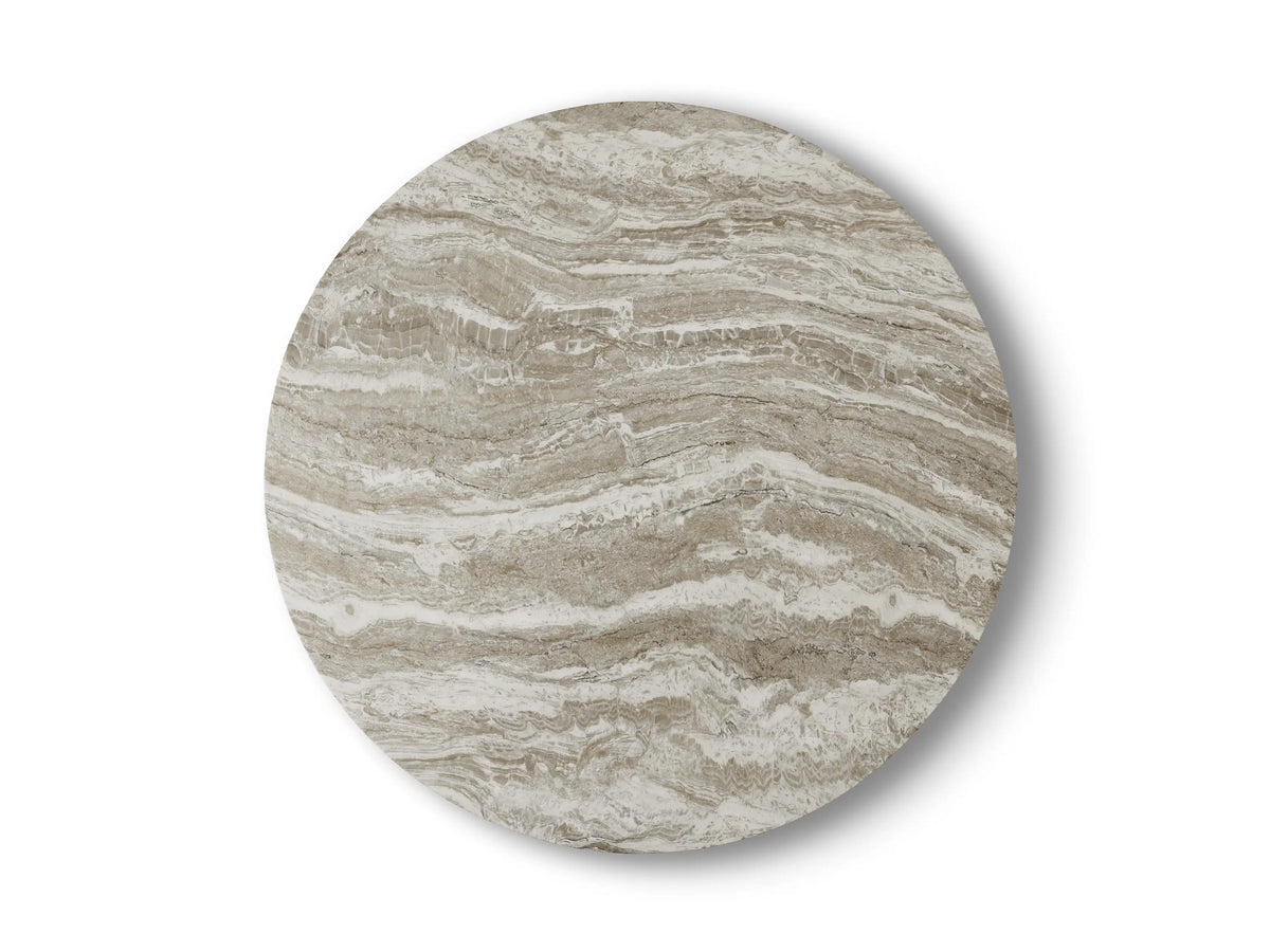 Round Edgewater Outdoor Dining Table in jade faux marble with intricate grey veining, smooth polished surface, close-up view.