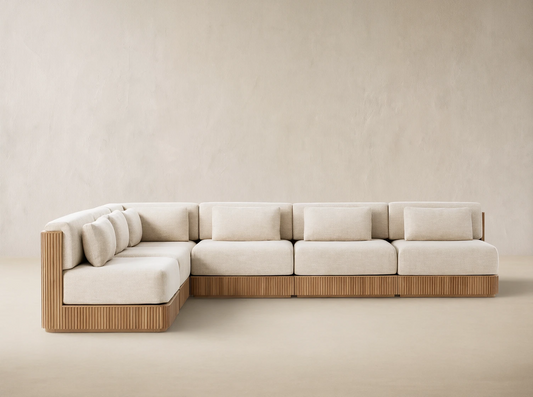Front view of the Beaumont Outdoor Six-Piece L-Shaped Sectional, featuring a slatted teak wood base and cream cushions.