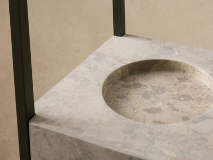 Tall Helios Outdoor Lantern with dark weathered bronze aluminum frame, pyramidal top, and grey marble base with a recess.