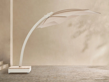 Icarus Outdoor Umbrella in Sand with an open, sand-colored canopy and curved white frame, angled over a slatted wooden wheeled base.