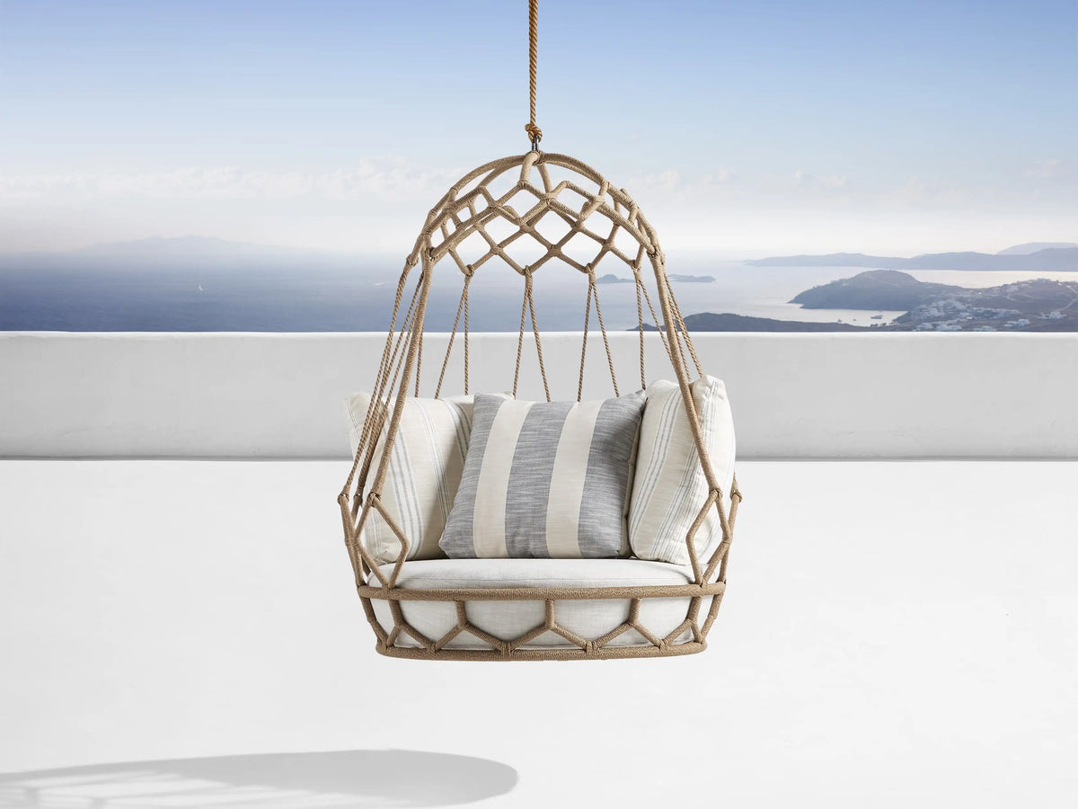 Marina Outdoor Water-Repellent Replacement Cushions: Off-white and grey striped cushions, shown in a hanging chair.