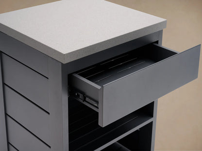 Dark gray Outdoor Aluminum Modular Kitchen One Drawer Cabinet with slatted design, light gray sintered stone top, angled view.