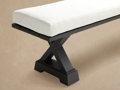 Montego Outdoor Aluminum Dining Bench with white cushion and dark gray X-shaped aluminum legs, shown front-facing.