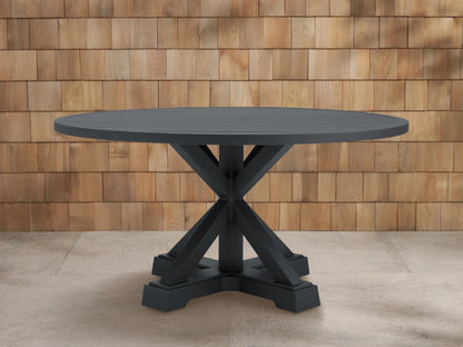 Light gray Montego Outdoor Collection cover snugly fitted over an oval outdoor table on a patio with a shingle wall.