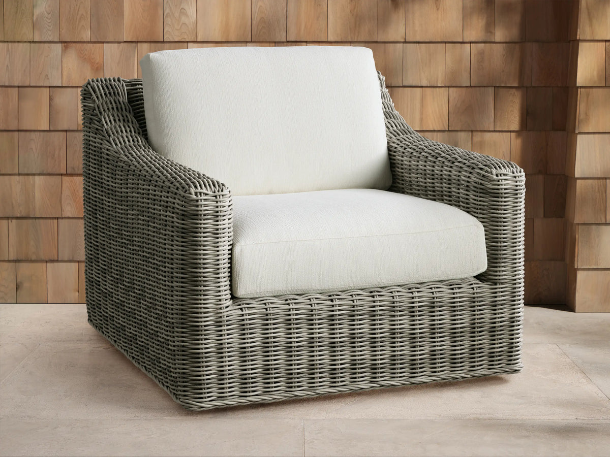 Front view of Vista Grey Montauk Outdoor Swivel Chair, featuring handwoven resin wicker and off-white cushions.