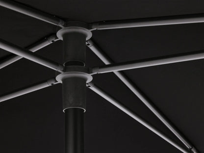 Angled close-up of the black Nata Outdoor Square Umbrella canopy, showing its taut fabric and a silver central hub.