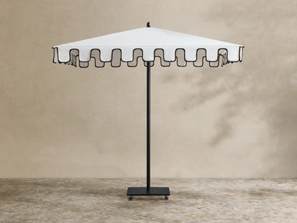 Nata Outdoor Square Scalloped Umbrella, open, white square canopy with black scalloped trim, black pole and wheeled base.