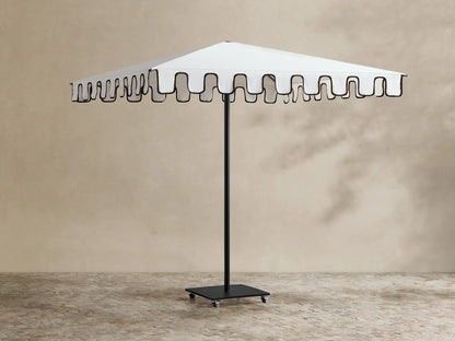 Nata Outdoor Square Scalloped Umbrella, open, white square canopy with black scalloped trim, black pole and wheeled base.