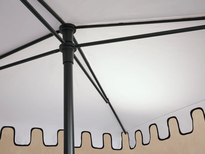 Nata Outdoor Square Scalloped Umbrella, close-up angled view. White canopy with distinctive black scalloped edge and dark finial.