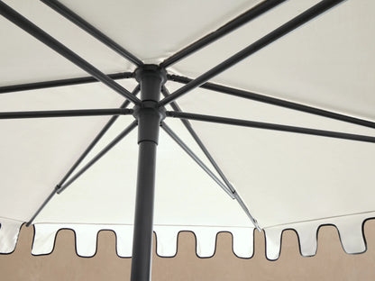 White Nata Outdoor Round Scalloped Umbrella canopy from an angle, showing black trimmed scalloped edge and black top finial.
