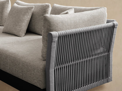 Light gray Naxos Outdoor Six-Piece Sectional, L-shaped with an armless chair, dark gray frames & braided rope detail.