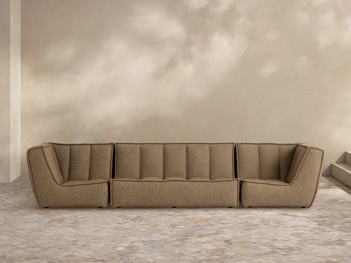 Porto three piece sofa in dark beige fabric with channel stitching
