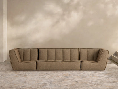 Porto three piece sofa in dark beige fabric with channel stitching