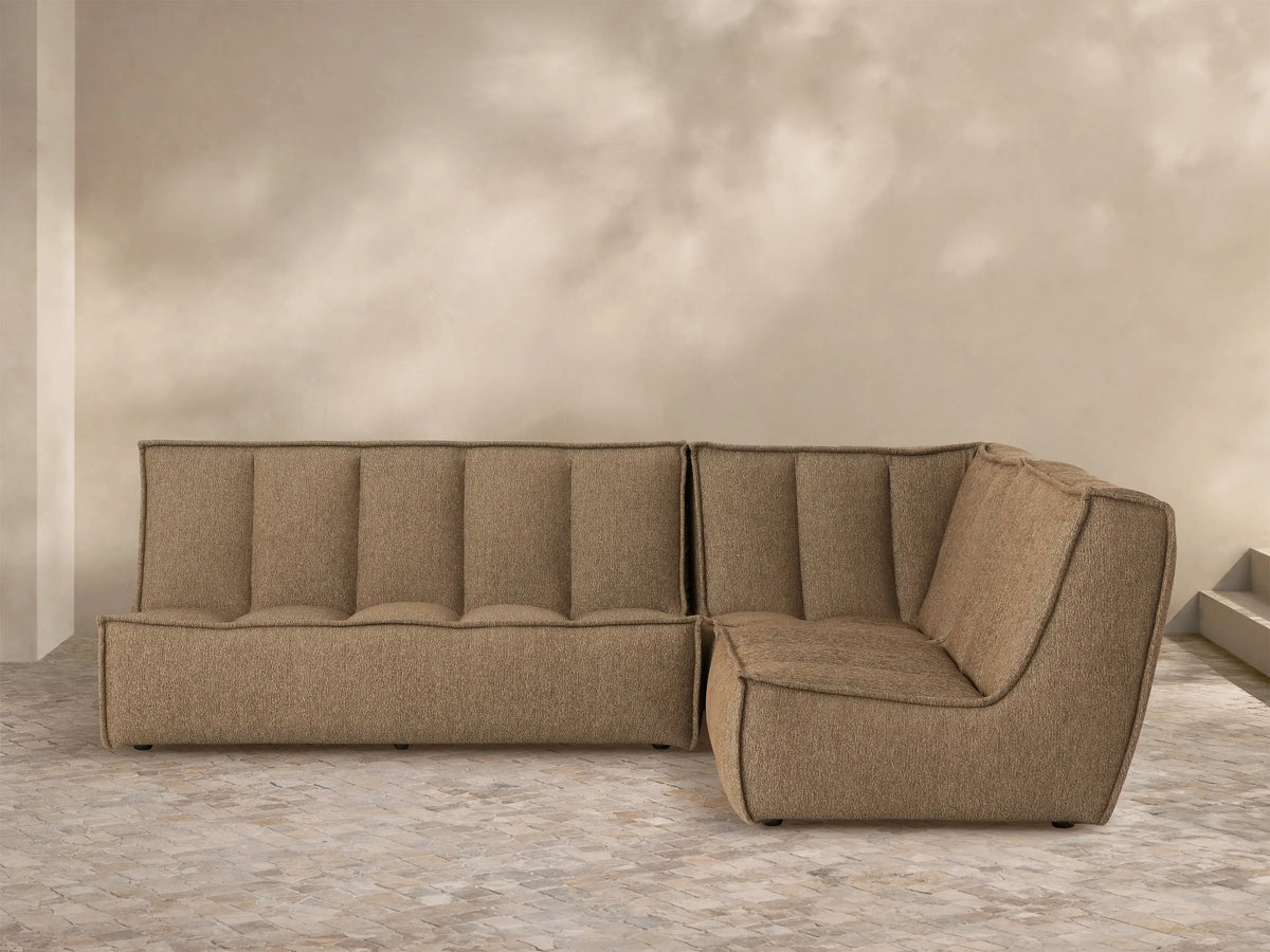 Porto three piece sectional in dark beige fabric with channel stitching