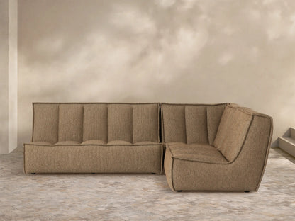 Porto three piece sectional in dark beige fabric with channel stitching