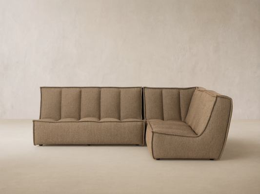 Porto three piece sectional in dark beige fabric with channel stitching