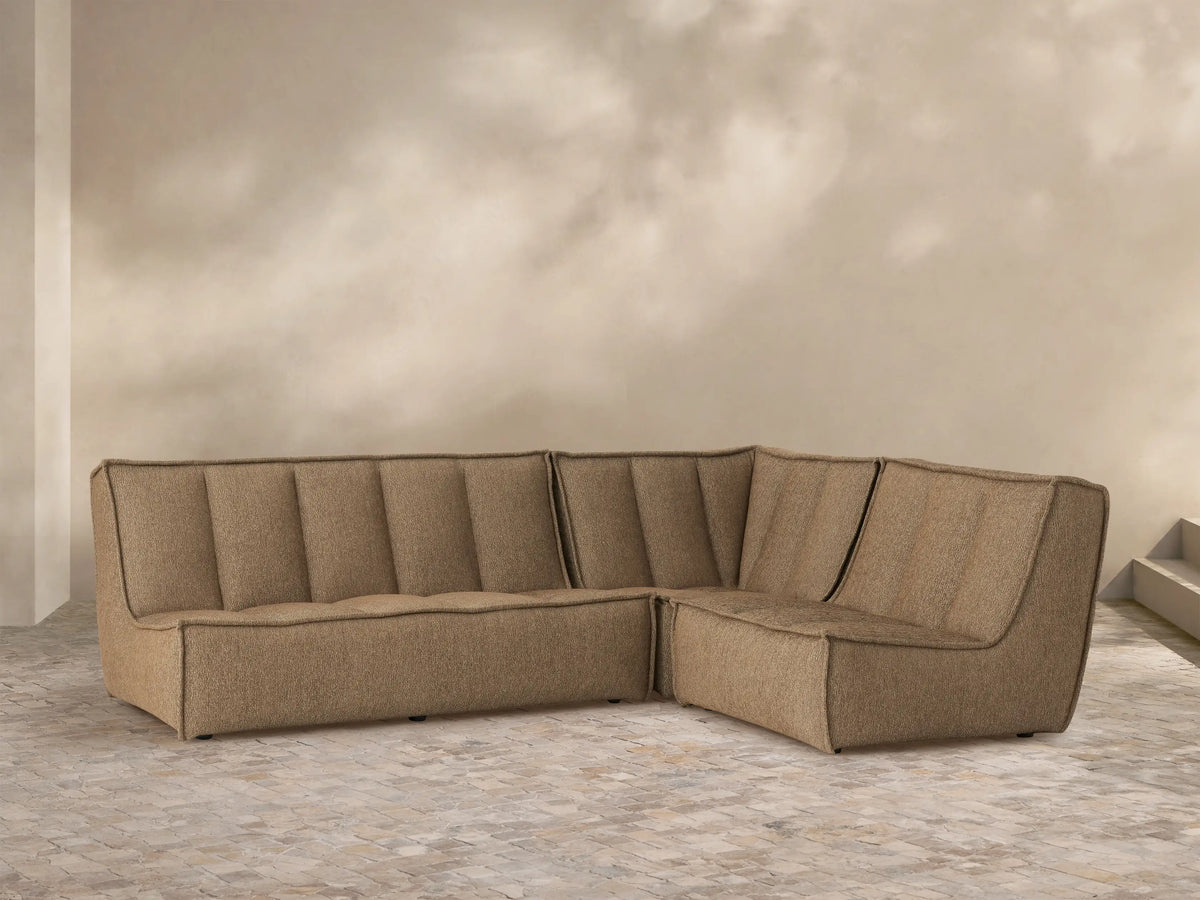 Porto three piece sectional in dark beige fabric with channel stitching